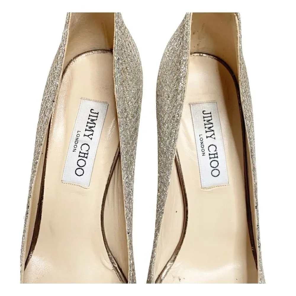 Jimmy Choo Gold Champagne Glitter Luna Peep Toe Platform Pumps Women’s Size 38.5